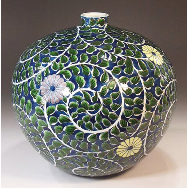 Fujii Kinsai Arita Japan – Somenishiki Kiku Karakusa monyou Vase 21.00 cm – Free Shipping