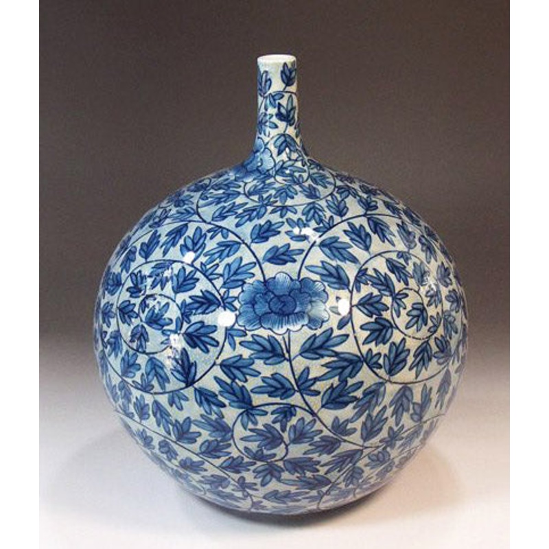 Fujii Kinsai Arita Japan – Somenishiki Kinsai Karakusa Peony Vase 25.40 cm – Free Shipping