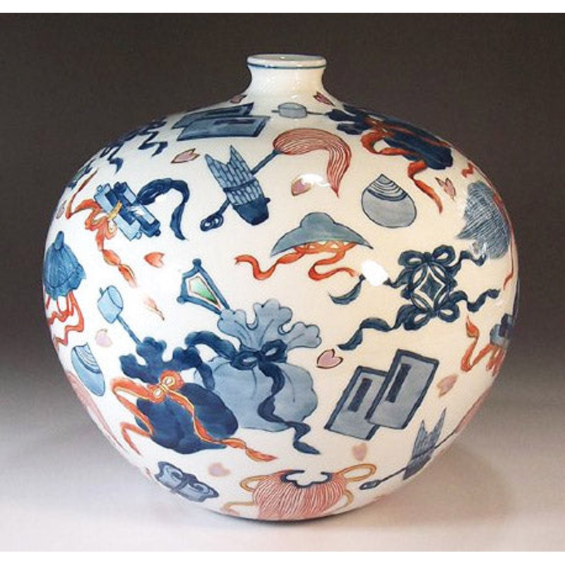 Fujii Kinsai Arita Japan – Somenishiki Kinsai Kishou takarazukushi montou Vase 21.00 cm – Free Shipping