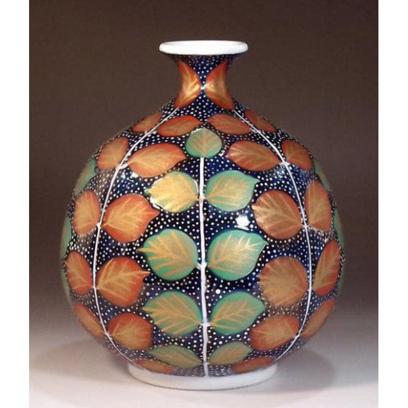 Fujii Kinsai Arita Japan – Somenishiki  Kinsai Konoha hakuten monyo kazari kabin (Leaves) Vase 17.50 cm – Free Shipping