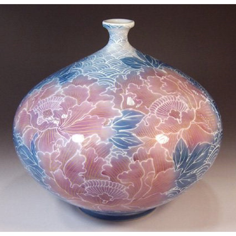 Fujii Kinsai Arita Japan – Somenishiki Kinsai Yurikou Seigaiha & Peony Vase 23.00 cm – Free Shipping