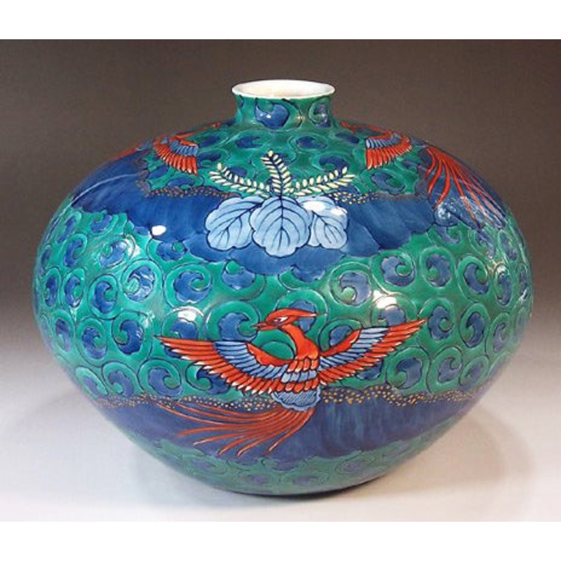 Fujii Kinsai Arita Japan – Somenishiki Phoenix Karakusa Kiri Vase 19.70 cm – Free Shipping