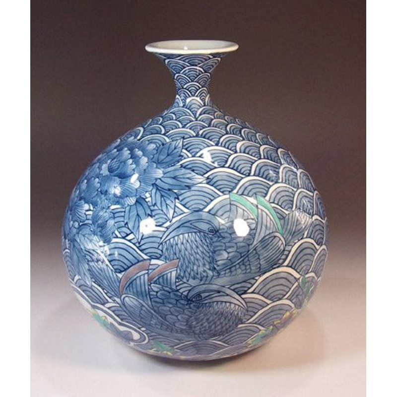 Fujii Kinsai Arita Japan – Somenishiki  Seigaiha  Oshidori  Botan (Mandarin duck &  peony ) vase 25.50 cm – Free Shipping