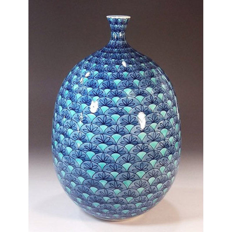 Fujii Kinsai Arita Japan – Sometsuke Seigaiha Monyou Vase 27.50 cm  – Free Shipping