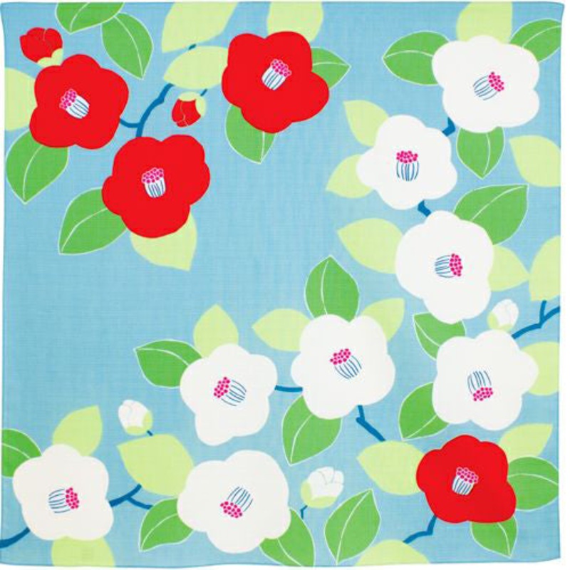Himemusubi – Tubaki  (camellia)    Turquoise  – Furoshiki   70 x 70 cm