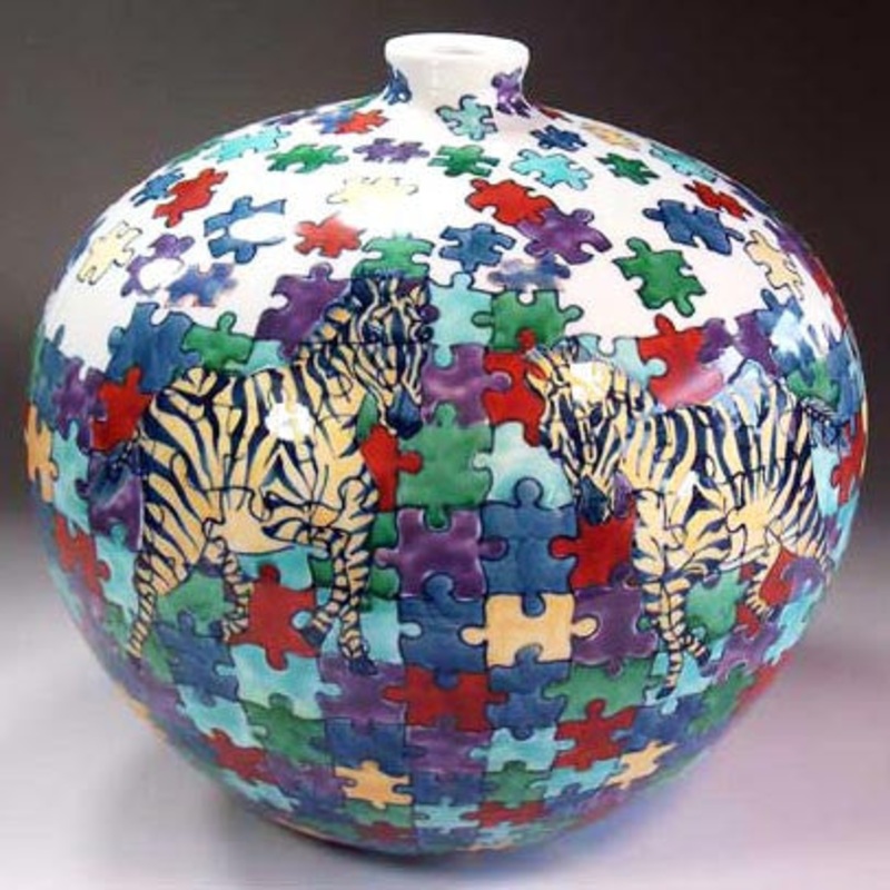 Fujii Kinsai Arita Japan – Iro Nabeshima Style Jigsaw Puzzle Zebra vase 21.00 cm  – Free Shipping
