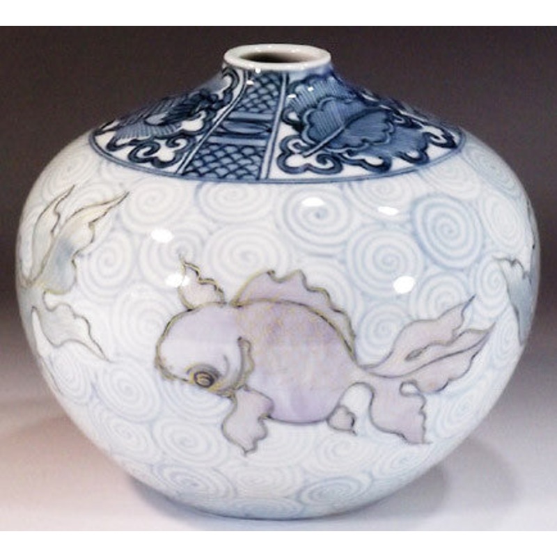 Fujii Kinsai Arita Japan – Kosometsuke Goldfish Vase 14.50 cm – Free Shipping
