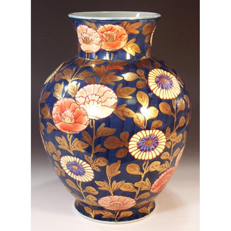 Fujii Kinsai Arita Japan – Somenishiki Kinrande Chrysanthemum & Peony Vase 29.00 cm – Free Shipping