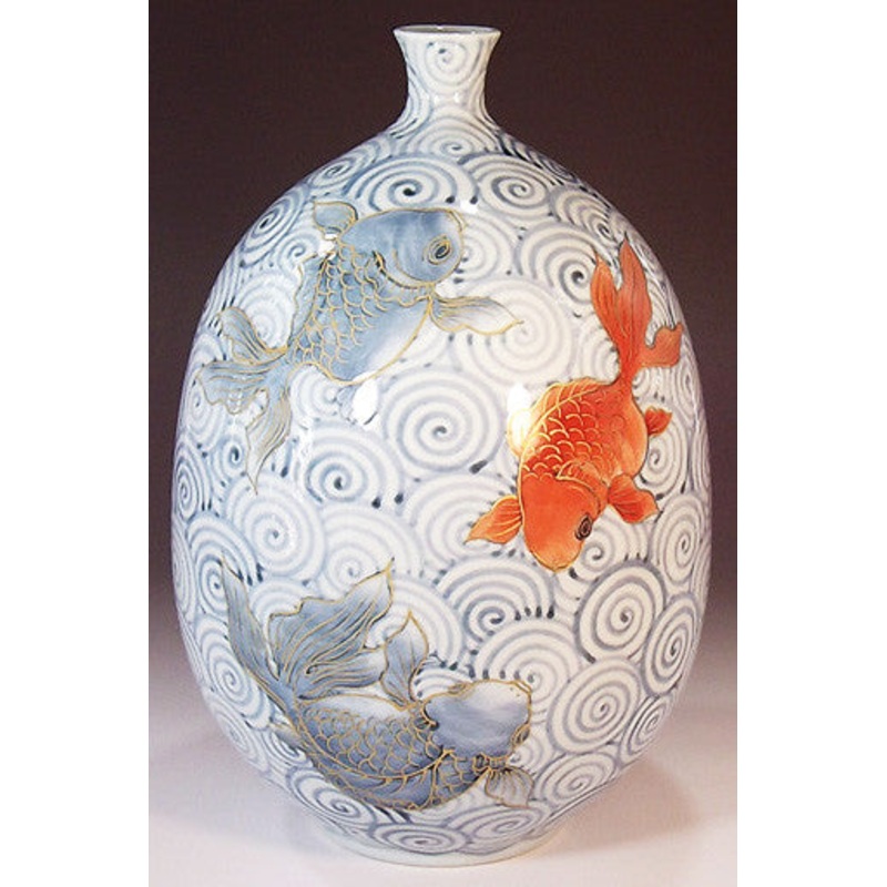 Fujii Kinsai Arita Japan – Somenishiki Kinsai Goldfish Vase 26.60 cm – Free Shipping