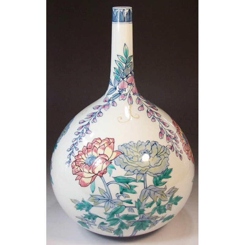 Fujii Kinsai Arita Japan – Somenishiki Shakuyaku & wisteria Vase 30.40 cm – Free Shipping
