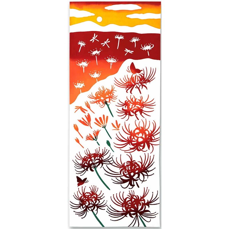 Kenema  –  Yubae Higanbana   (Evening glow red spider lilies)  (The dyed Tenugui)