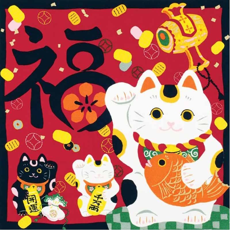 Kaiun Chirimen Yusen  Furoshiki   – Beckoning cat   – Furoshiki (Japanese Wrapping Cloth)68 x 68 cm