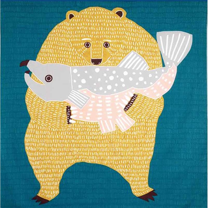 Kata Kata –  Bear &  Salmon  Blue ( ) – Furoshiki   100 x 100 cm