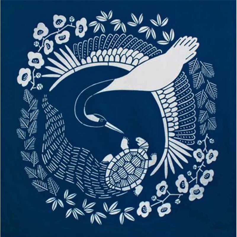 Kata Kata – Natural indigo dyeing    Crane and Turtle , dark indigo ( ) – Furoshiki   100 x 100 cm (Copy)