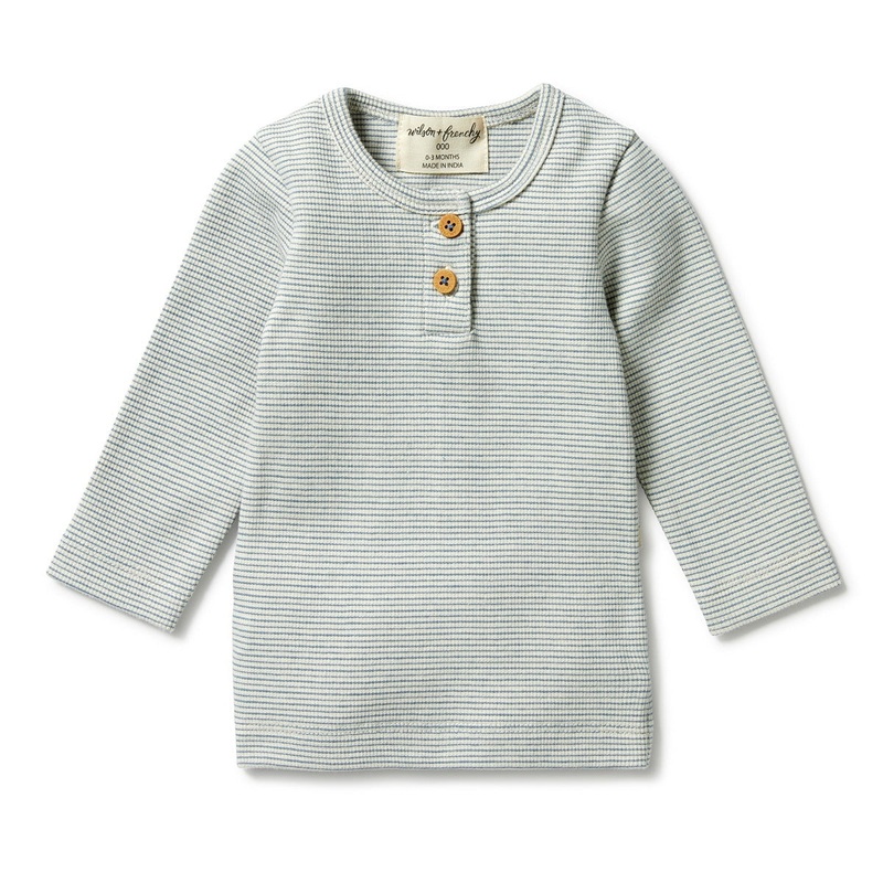 Organic Stripe Rib Henley Top – Bluestone