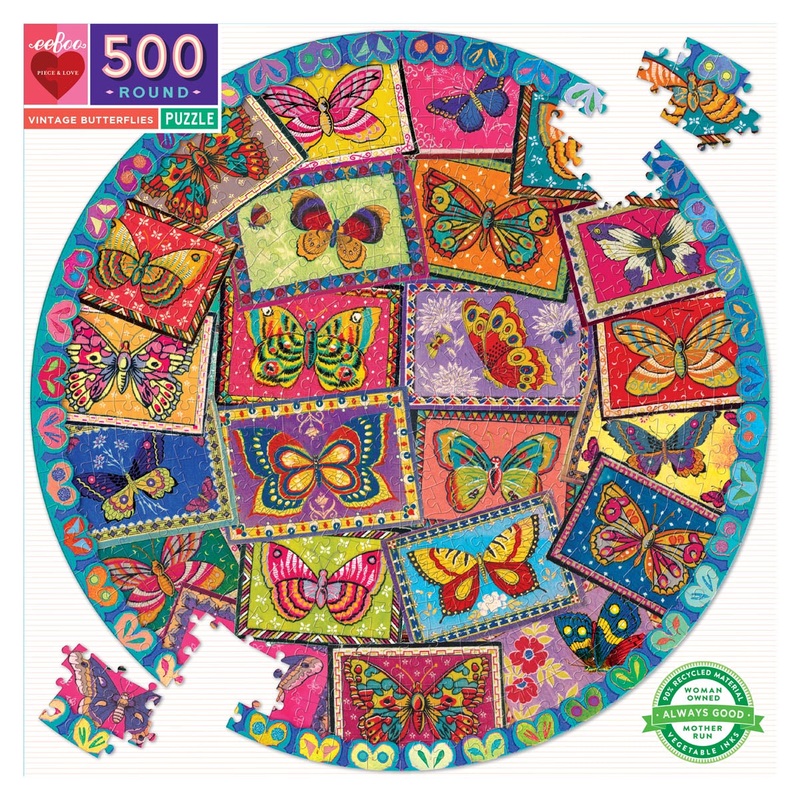 500 Pc Round Puzzle  Vintage Butterflies