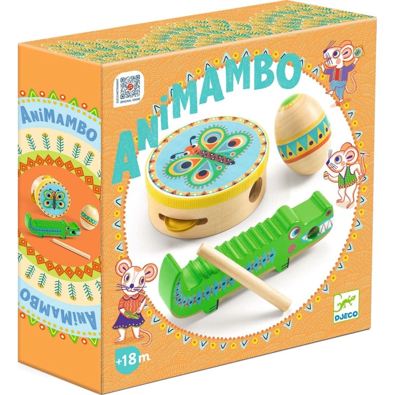 Djeco Animambo Tambourine, Maracas, Guiro Instrument Set