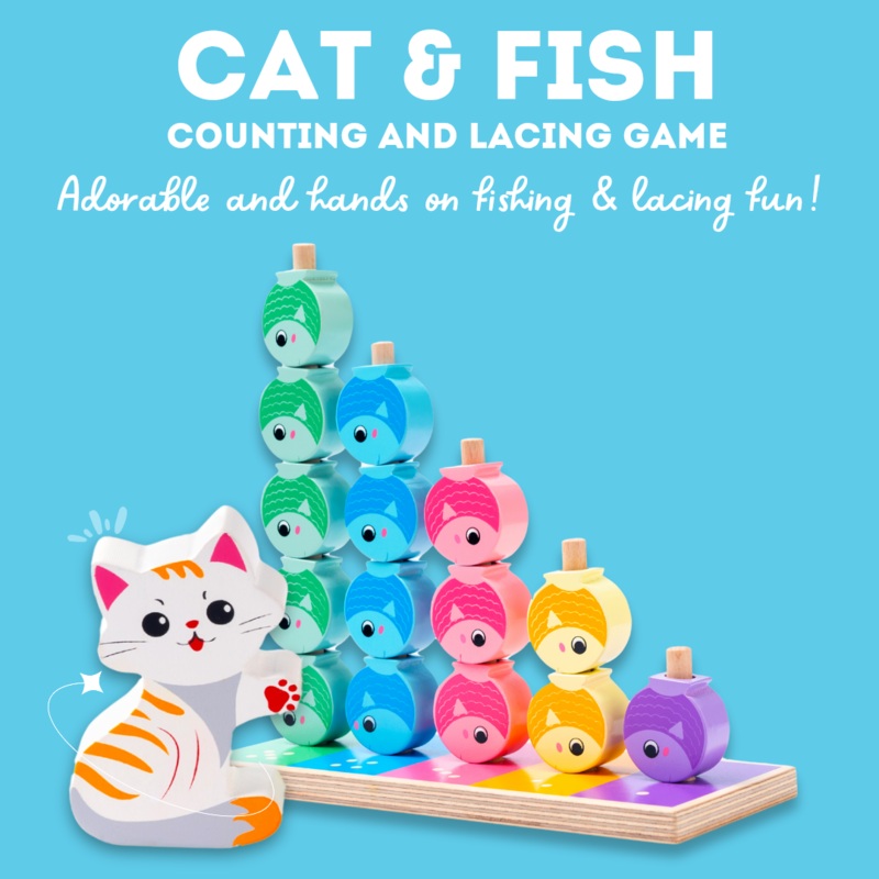 Wooden Cat and Fish Counting, Sorting, Stacking & Lacing Activity Toy for Kids