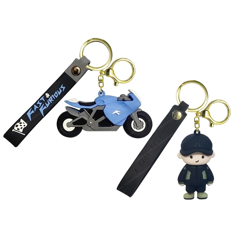 Premium Quality 3D Bike and Boy Keychain with (Self Adhesive Hook) (Random colour)