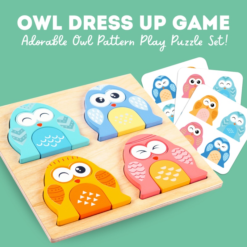 Wooden Owl Face-Changing Puzzle with Match Cards