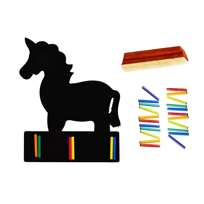 Unicorn Shaped Black Board with Colored Chalk & Duster
