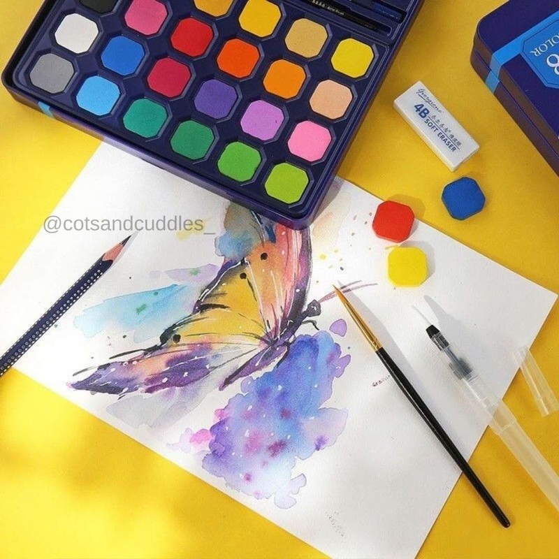 Watercolor Cakes Set – 24 Colors with brush and water pen