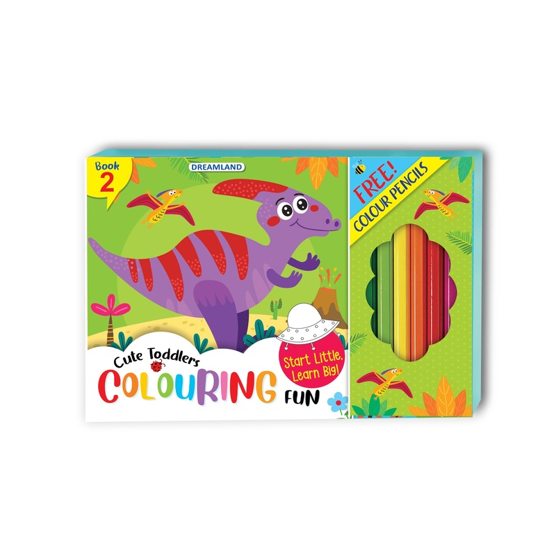 Cute Toddlers – 2 Fun Dinosaurs Colouring Book with 6 Colour Pencils, Art and Craft Drawing Book Set for 4 age, Colouring Book for Toddler, 128 Pages