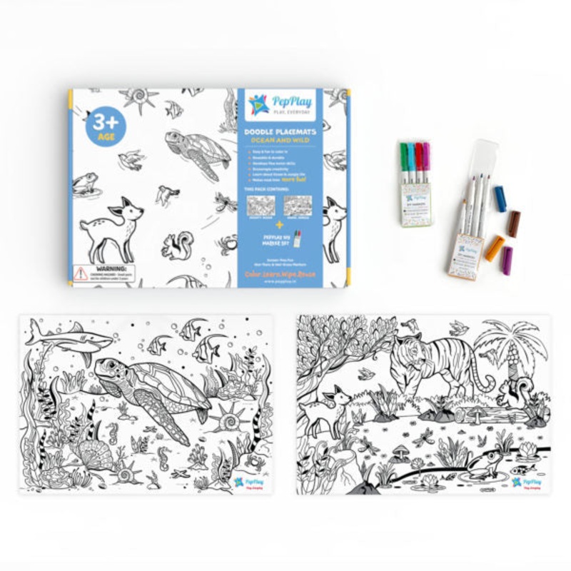 Doodle Placemats Set  Animal Series with A3 Size 2 Reusable Doodle Sheets, 8 Fine Tip & Wet Erase DIY Marker Pens