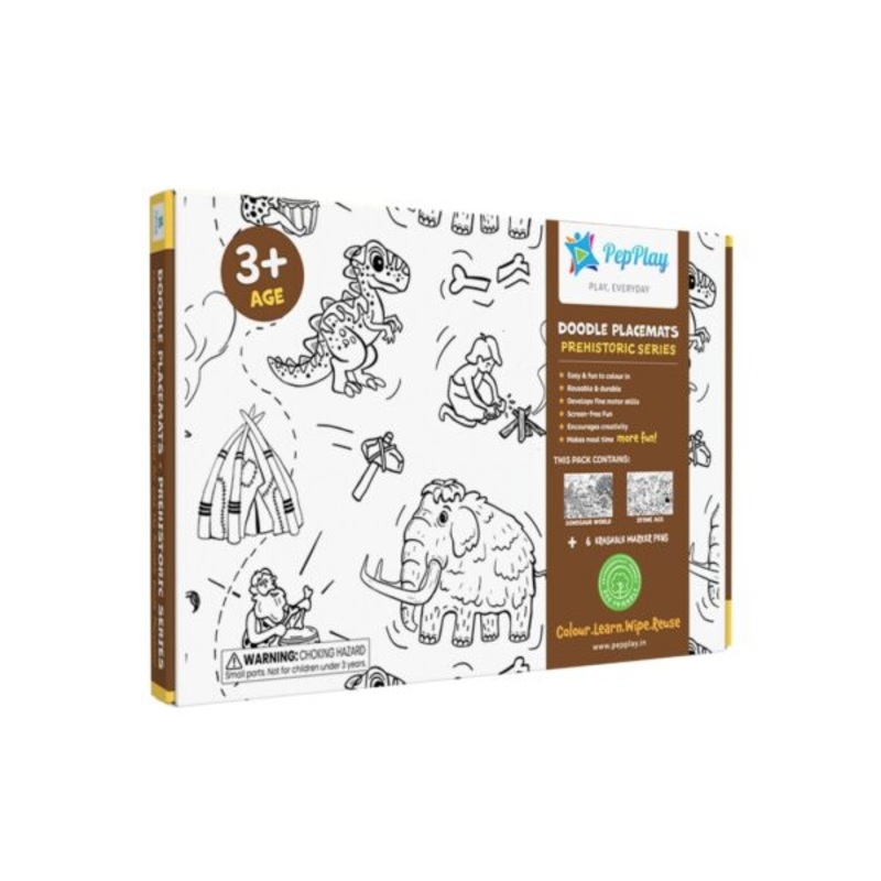 Doodle Placemats Set  PREHISTORIC Series with A3 Size 2 Doodle Sheets 6 Fine-Tip & Wet Erase DIY marker pens.