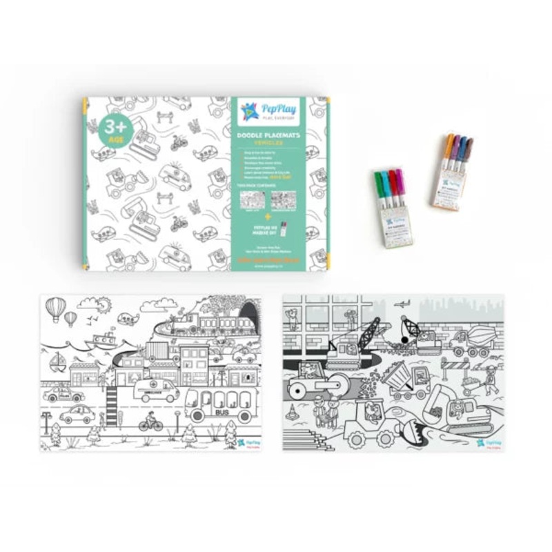 Doodle Placemats Set  VEHICLE Series with A3 Size 2 Transparent Reusable Placemat & 8 set of DIY Marker Pens