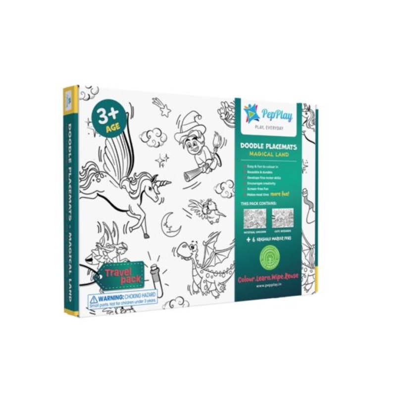 Doodle Placemats Travel Set  MAGICAL LAND with A4 Size 2 Doodle Sheets, 6 Fine Tip, Wet Erase & DIY Marker Pens