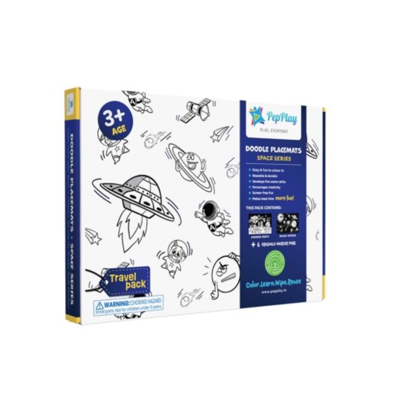 Doodle Placemats Travel Set  SPACE Series with A4 Size 2 Doodle Sheets, 6 Fine Tip, Wet Erase DIY Marker Pens