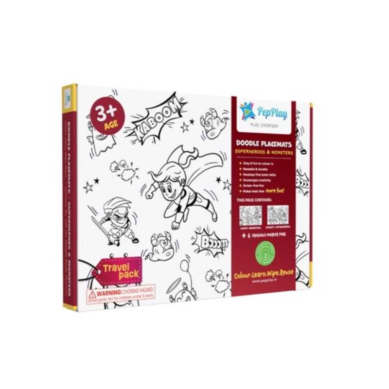 Doodle Placemats Travel Set  SUPERHEROES & MONSTERS with A4 Size 2 Reusable Doodle Sheets, 6 fine tip, Wet Erase & DIY Marker Pens