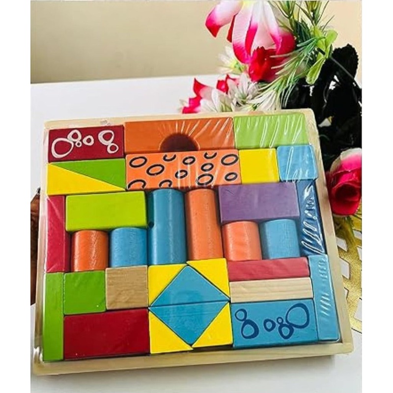 Wooden Building Blocks Puzzle with Tray for Kids