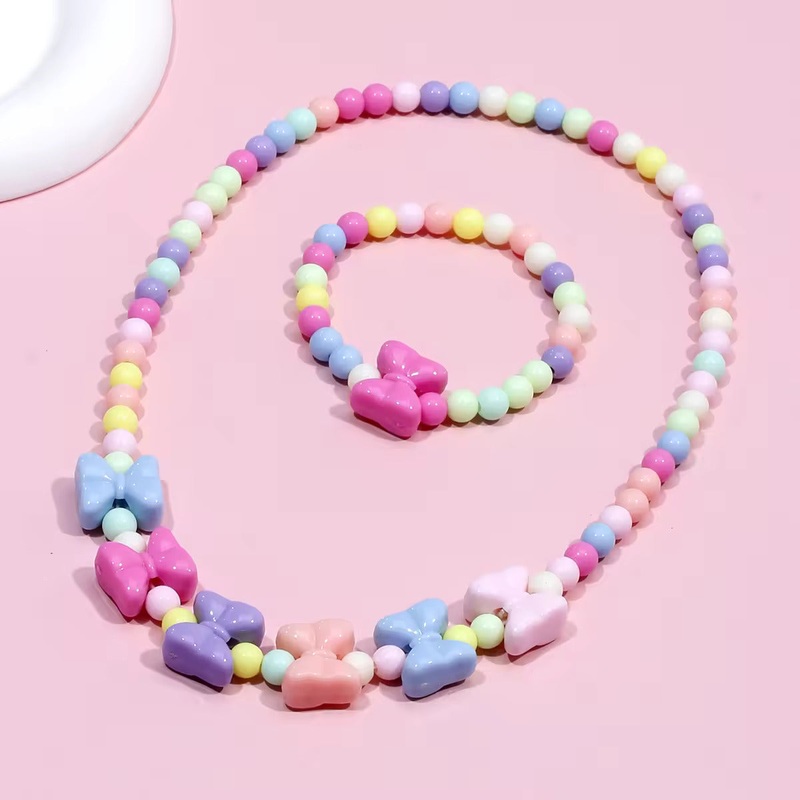 Adorable Bow Design Children’s Bracelet and Necklace with Colorful Acrylic Beads