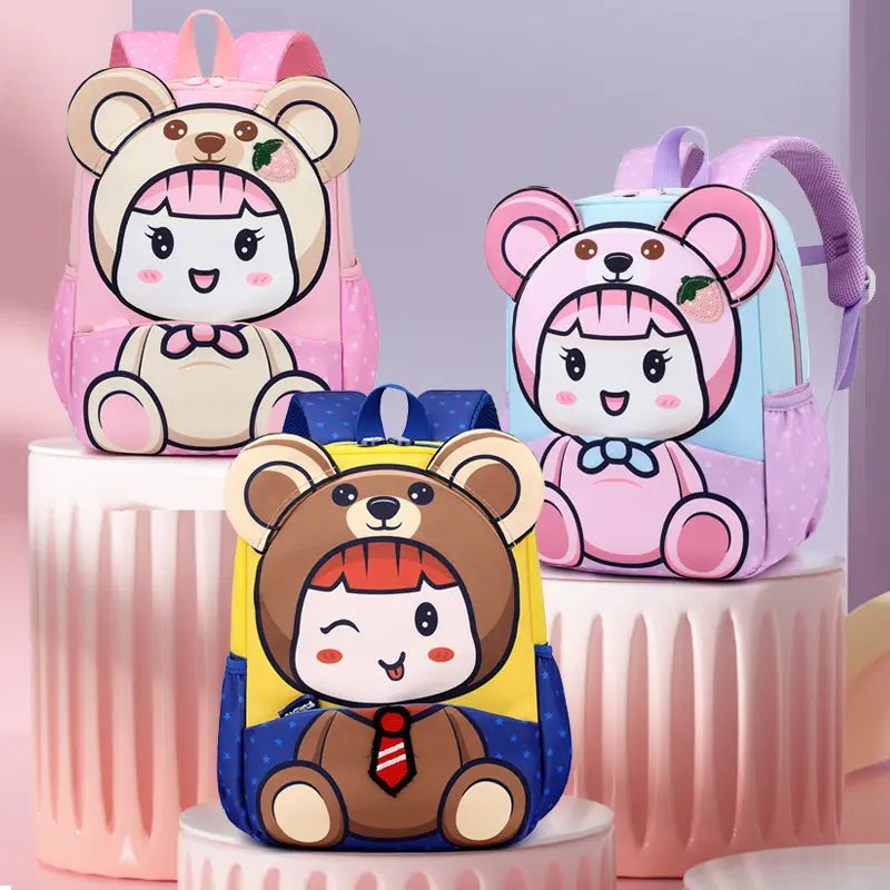 3D Cartoon Bear Doll Design Backpack with Front Pocket for Kids