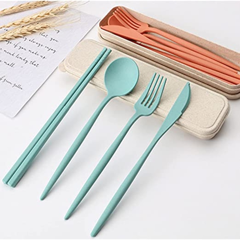 5 pc wheat straw Spoons and Forks Set Portable Reusable with Case for Lunch Box Picnic Travel