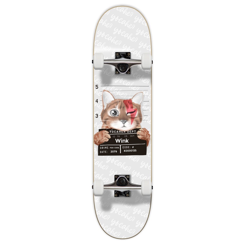 Yocaher Complete Skateboard 7.75- Rockstar Cat- White Wink