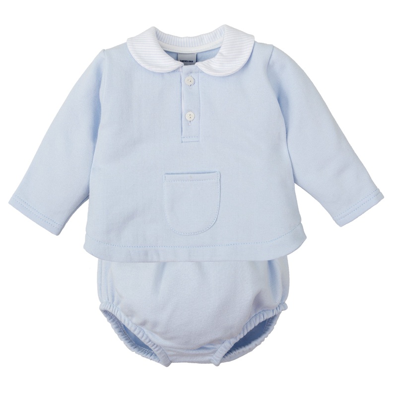 Blue Long Sleeve Collared Front Pocket Diaper Set