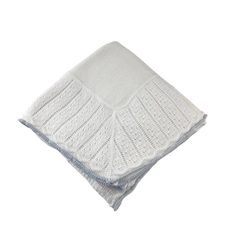 Blanket with Knitted Border, White with Blue