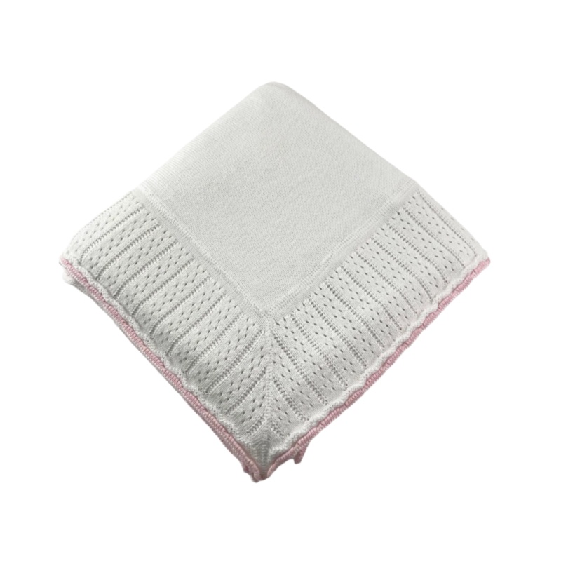 Blanket with Knitted Border, White with Pink