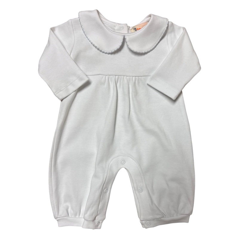 Boy’s Everyday Playsuit, White with Blue Picot Trim