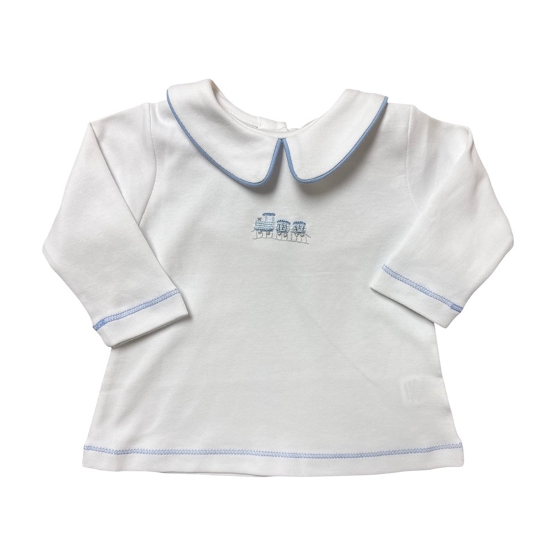 Boy’s L/S Collared Blue Trim Knit Top with Embroidered Train