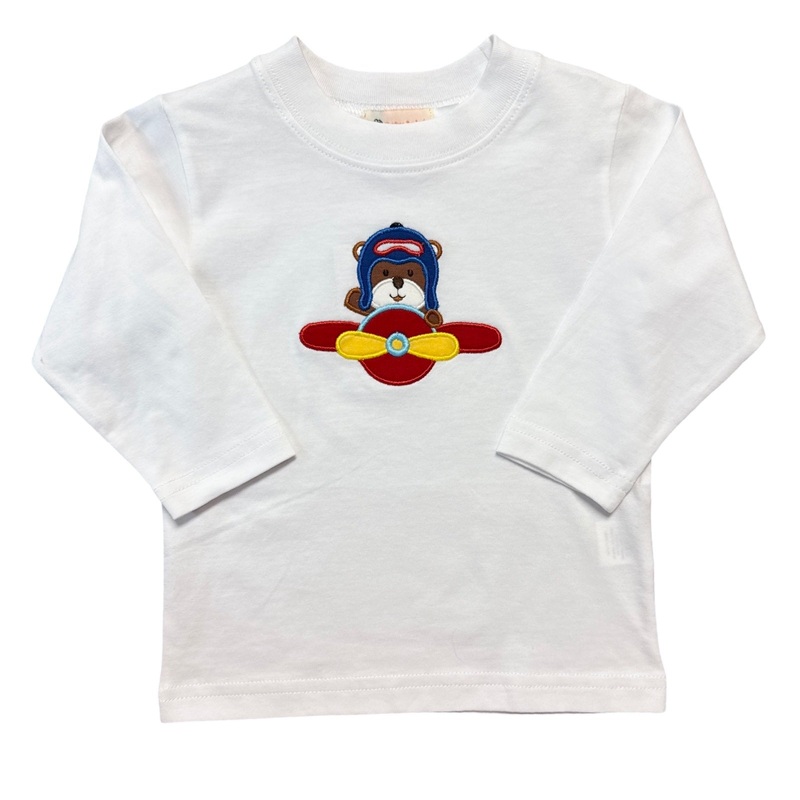 Boy’s Long Sleeve White T-Shirt with Airplane Pilot Bear Applique