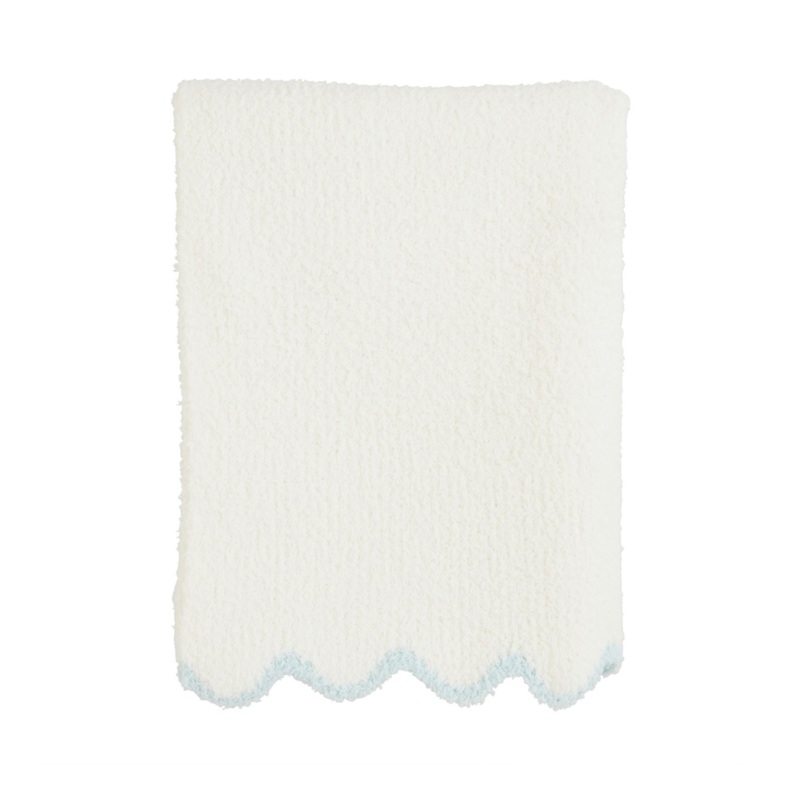 Chenille Scallop Blanket, White with Blue