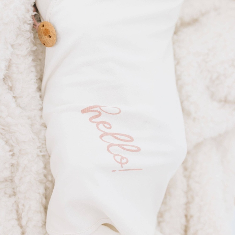Hello! Receiving Blanket, White with Pink