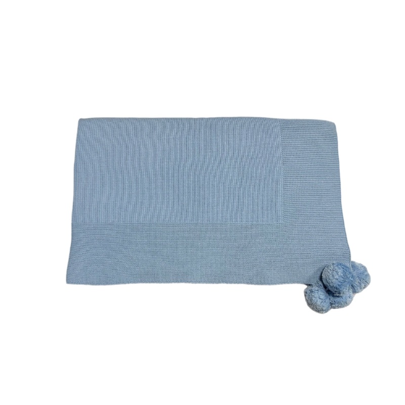 Knit Baby Blanket with Pompoms, Blue
