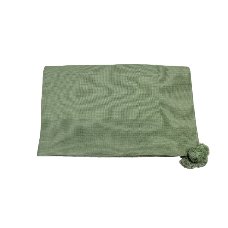 Knit Baby Blanket with Pompoms, Sage