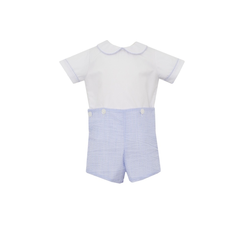 Blue Seersucker Stripe Button On Shorts Set