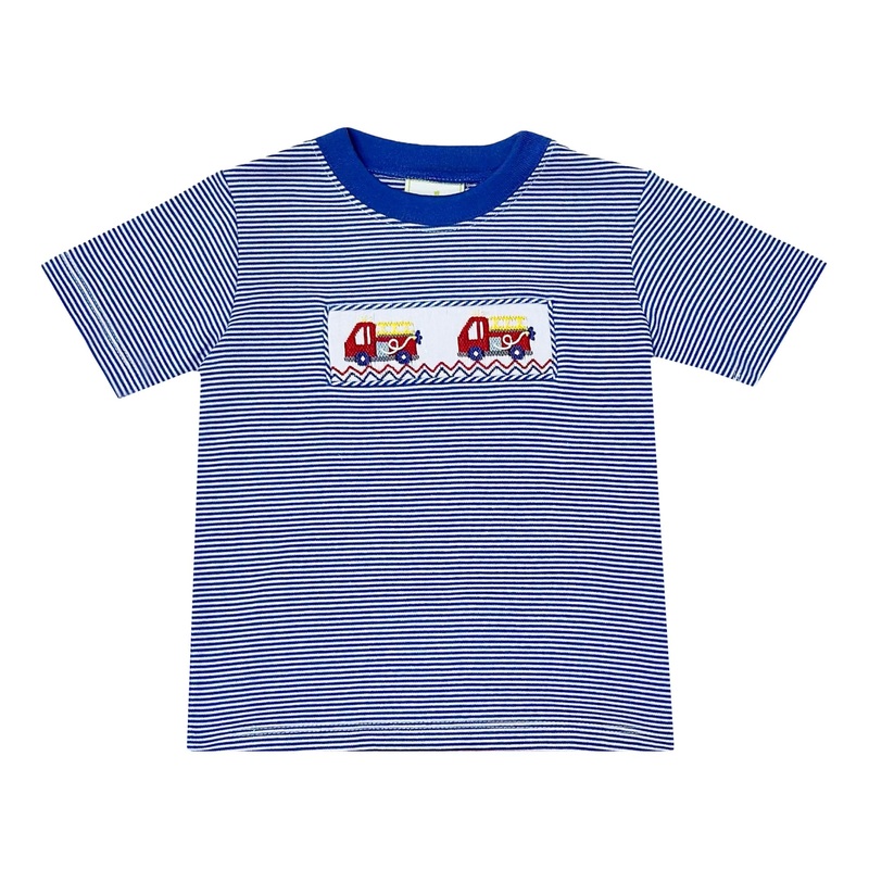 Fire Truck Smocked Harry’s Play Tee, Royal Blue Stripe Knit